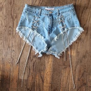 NEW!! Light Denim Silver Rhinestone Lace-up Fringe Shorts SMALL